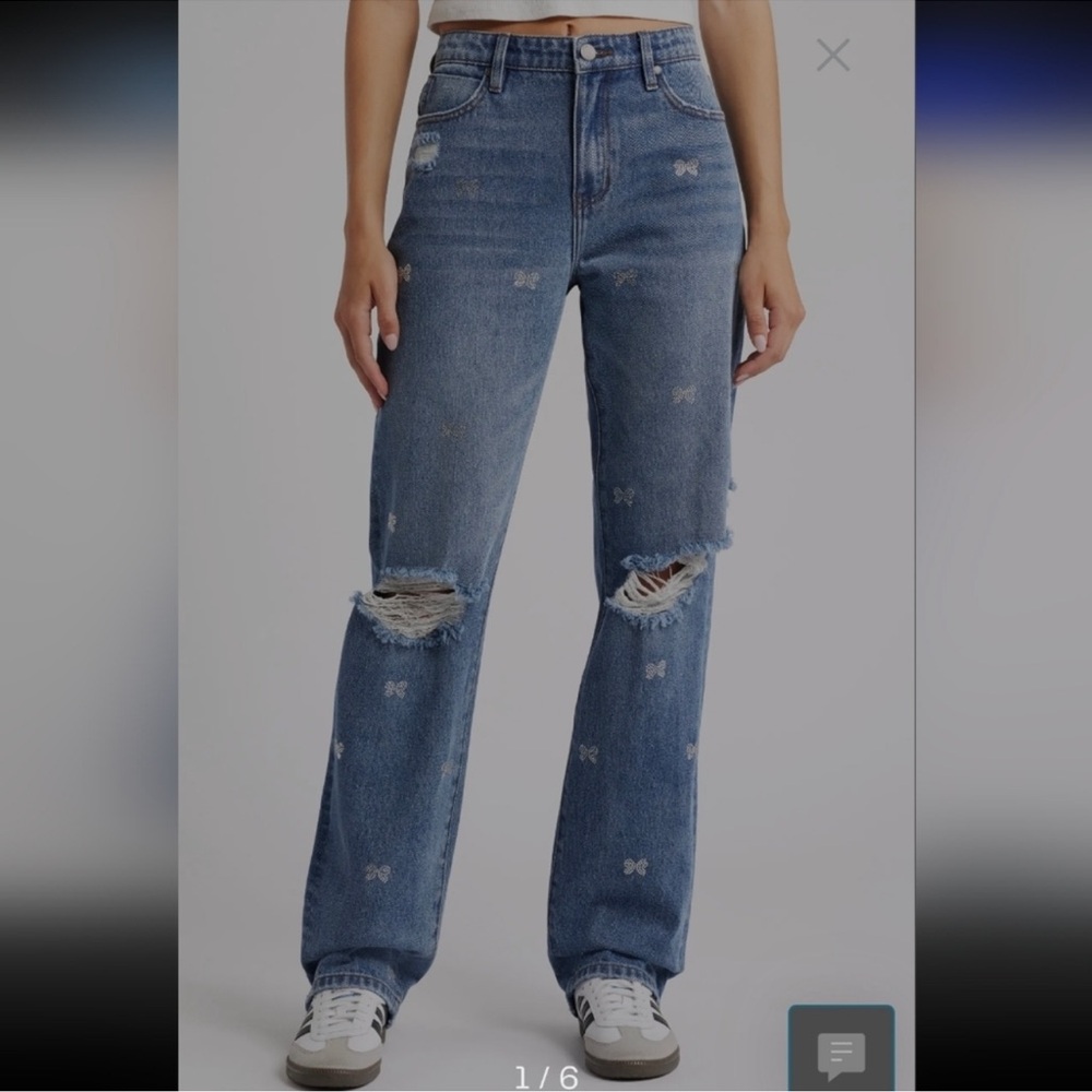 NWT PTCL Rhinestone Bow Ripped High Waist Straight Leg Jeans. Size 28